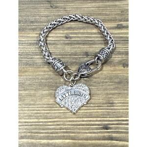 Little Sister Silver Heart Charm Chain Bracelet Rhinestones